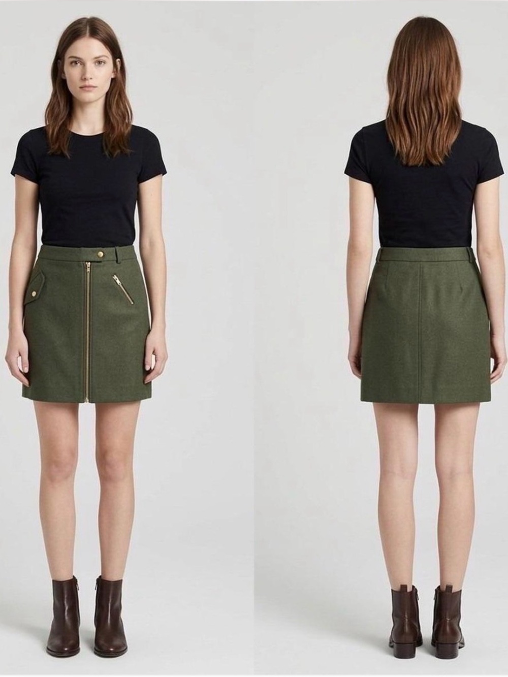 NWOT Olive Green Wool Winter Skirt Military Green Mini Skirt with Front Zip Sz 2
